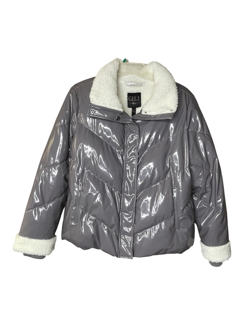 G.I.L.I. Shiny Gray Puffer Jacket with White Sherpa Trim Sz M - Picture 3 of 8